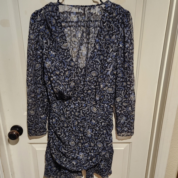 Veronica Beard 100% Silk Floral Long Sleeve Ruched Mini Dress Size 6 Party Blue - Picture 9 of 14